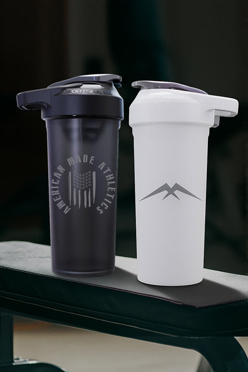 AMA SportShaker 24oz protein shaker bottles in black and white with American Made Athletics logos